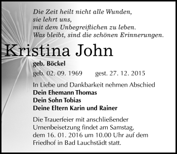 Traueranzeige von Kristina John von Mitteldeutsche Zeitung Halle/Saalkreis