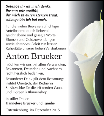 Traueranzeige von Anton Brucker von WVG - Wochenspiegel Dessau / Köthen