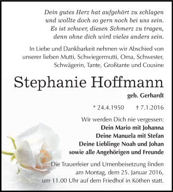 Traueranzeige von Stephanie Hoffmann von WVG - Wochenspiegel Dessau / Köthen