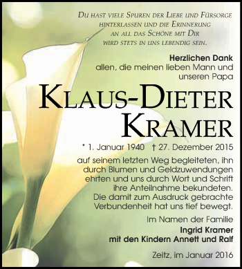 Traueranzeige von Klaus-Dieter Kramer von Super Sonntag Zeitz
