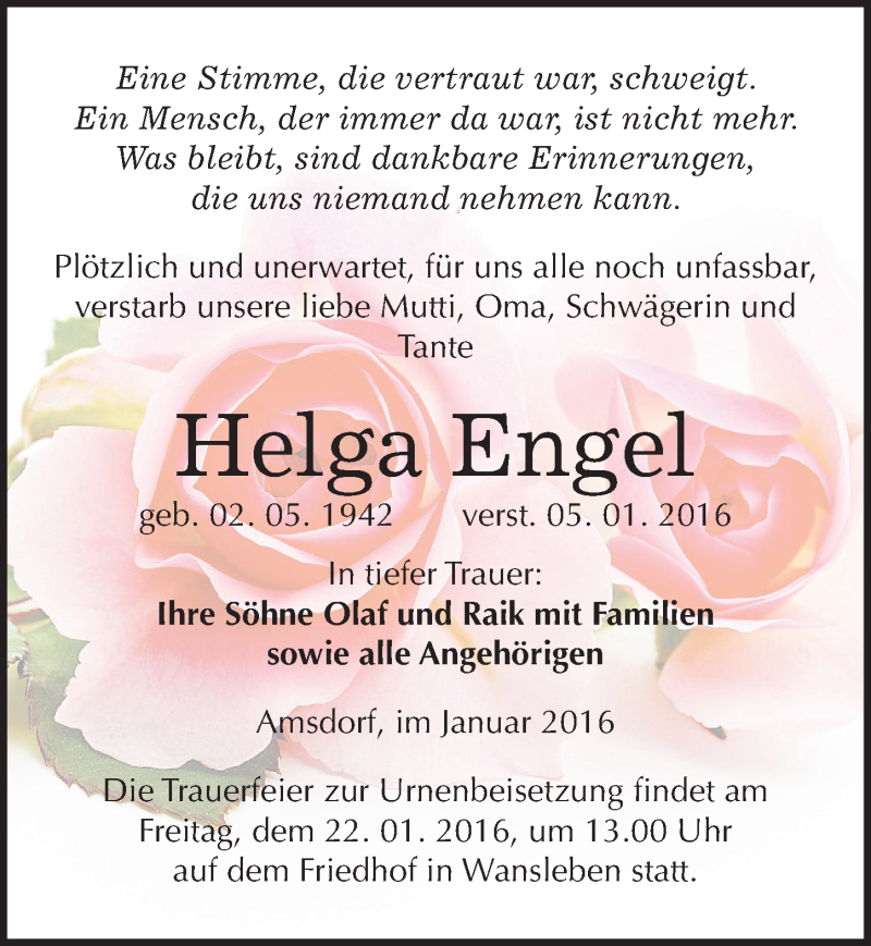  Traueranzeige für Helga Engel vom 16.01.2016 aus Mitteldeutsche Zeitung Mansfelder Land