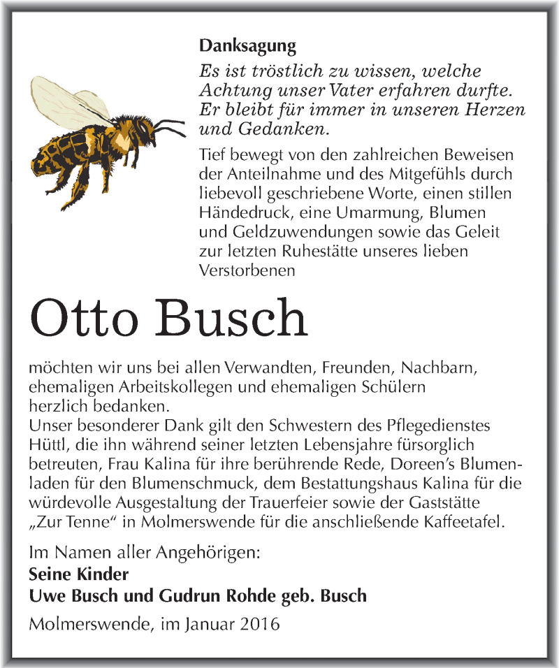  Traueranzeige für Otto Busch vom 16.01.2016 aus Mitteldeutsche Zeitung Mansfelder Land