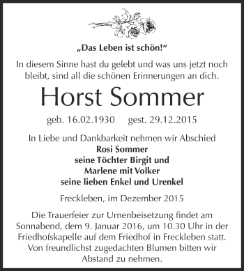 Traueranzeige von Horst Sommer von WVG - Wochenspiegel Bernburg
