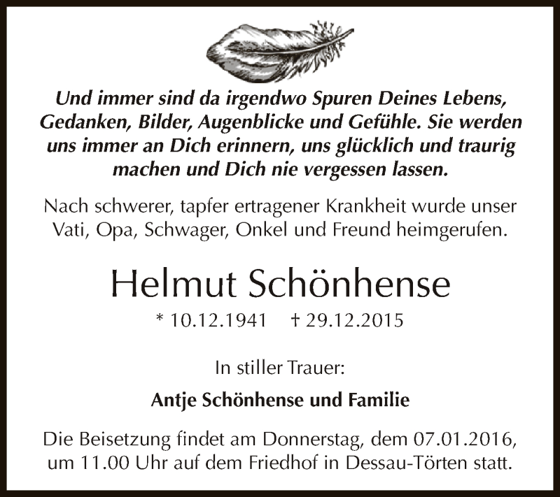  Traueranzeige für Helmut Schönhense vom 06.01.2016 aus WVG - Wochenspiegel Dessau / Köthen