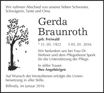 Traueranzeige von Gerda Braunroth von WVG - Wochenspiegel NMB / WSF / ZTZ