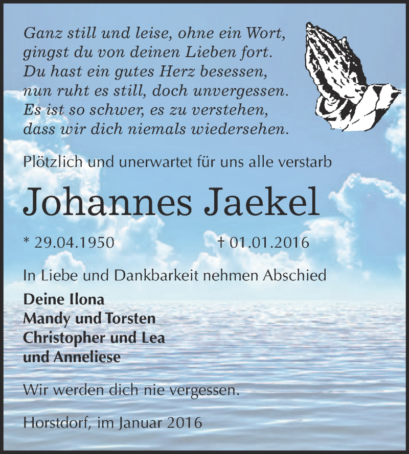  Traueranzeige für Johannes Jaekel vom 16.01.2016 aus WVG - Wochenspiegel Wittenberg