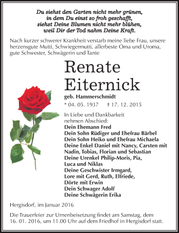 Traueranzeige von Renate Eiternick von Mitteldeutsche Zeitung Mansfelder Land