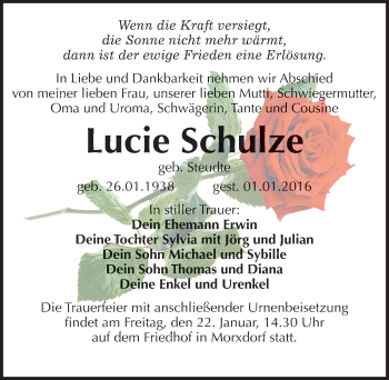 Traueranzeige von Lucie Schulze von Mitteldeutsche Zeitung Wittenberg