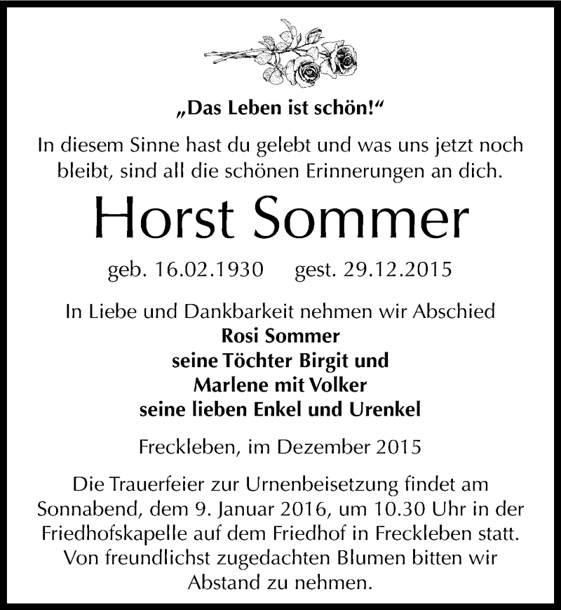 Traueranzeige für Horst Sommer vom 05.01.2016 aus Mitteldeutsche Zeitung Mansfelder Land