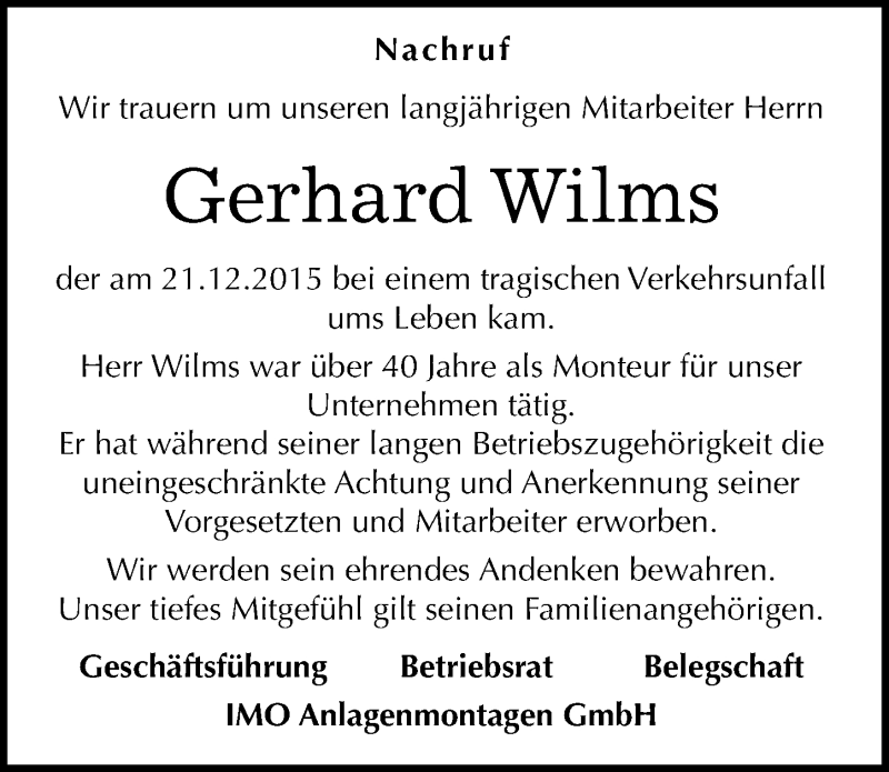  Traueranzeige für Gerhard Wilms vom 13.01.2016 aus Mitteldeutsche Zeitung