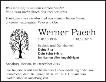 Traueranzeige von Werner Paech von WVG - Wochenspiegel Wittenberg