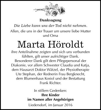Traueranzeige von Marta Höroldt von Mitteldeutsche Zeitung Sangerhausen