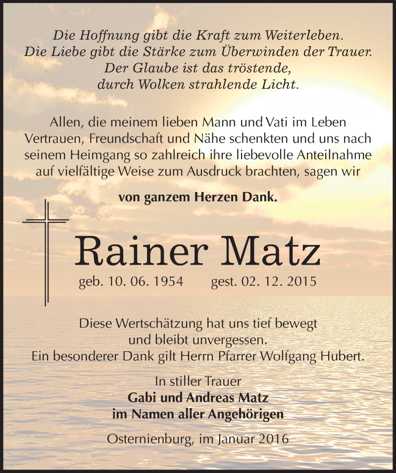  Traueranzeige für Rainer Matz vom 09.01.2016 aus Mitteldeutsche Zeitung Köthen