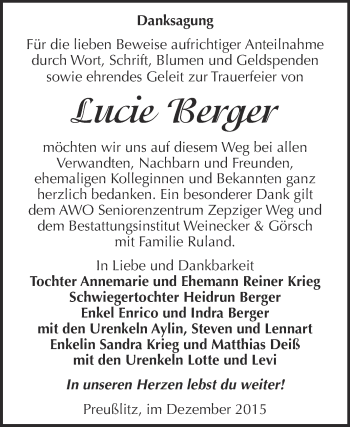 Traueranzeige von Lucie Berger von Super Sonntag Bernburg
