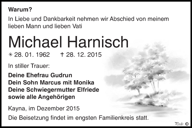  Traueranzeige für Michael Harnisch vom 09.01.2016 aus Super Sonntag Zeitz