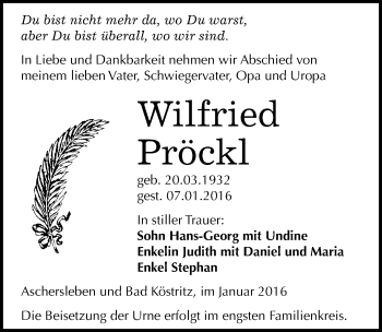 Traueranzeige von Wilfried Pröckl von Mitteldeutsche Zeitung Aschersleben