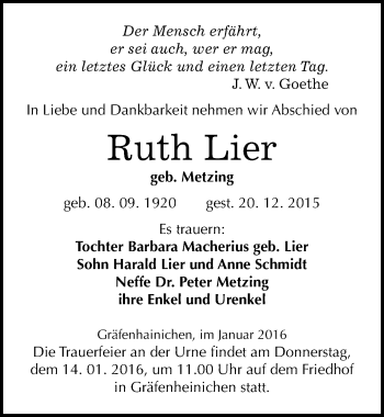Traueranzeige von Ruth Lier von Mitteldeutsche Zeitung Wittenberg