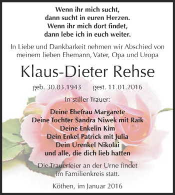 Traueranzeige von Klaus-Dieter Rehse von WVG - Wochenspiegel Dessau / Köthen