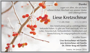 Traueranzeige von Liese Kretzschmar von Super Sonntag Merseburg