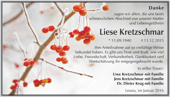Traueranzeige von Liee Kretzschmar von Mitteldeutsche Zeitung Merseburg/Querfurt