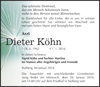 Traueranzeige von Dieter Köhn von Mitteldeutsche Zeitung Sangerhausen