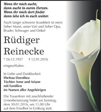 Traueranzeige von Rüdiger Reinecke von Super Sonntag Bernburg