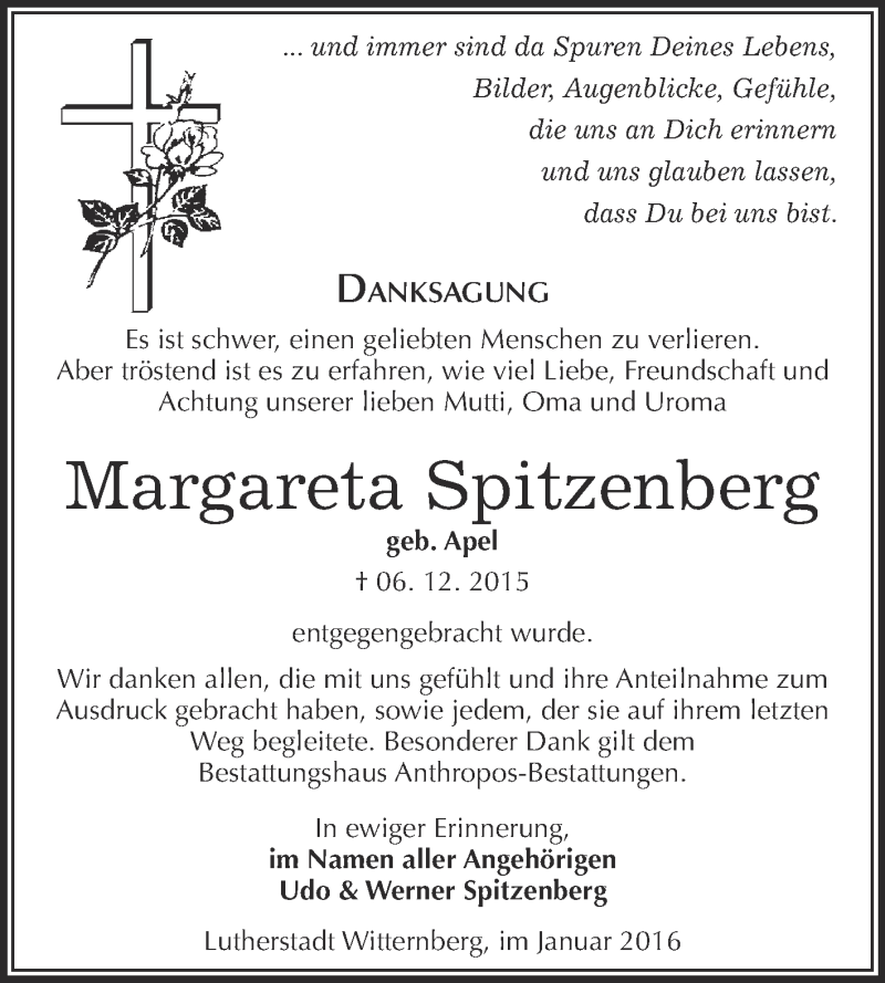  Traueranzeige für Margareta Spitzenberg vom 16.01.2016 aus Super Sonntag Wittenberg