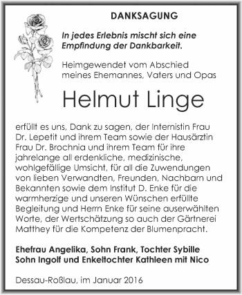 Traueranzeige von Helmut Linge von WVG - Wochenspiegel Dessau / Köthen