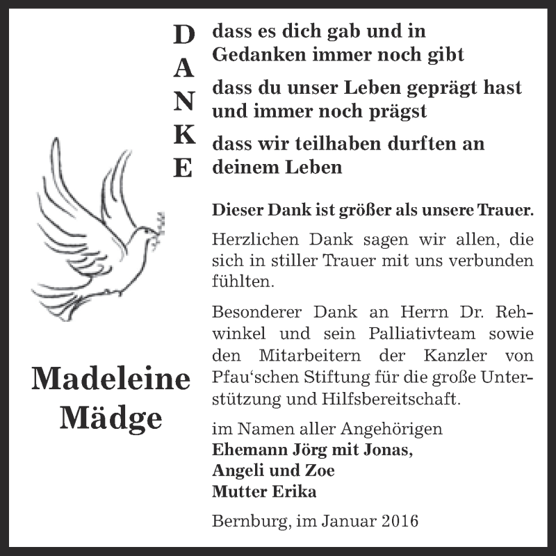  Traueranzeige für Madeleine Mädge vom 16.01.2016 aus Super Sonntag Bernburg
