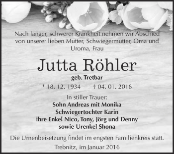 Traueranzeige von Jutta Röhler von WVG - Wochenspiegel NMB / WSF / ZTZ