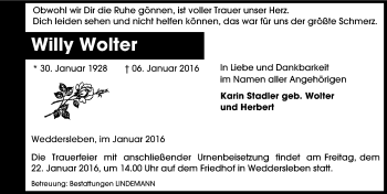 Traueranzeige von Willy Wolter von Mitteldeutsche Zeitung Quedlinburg