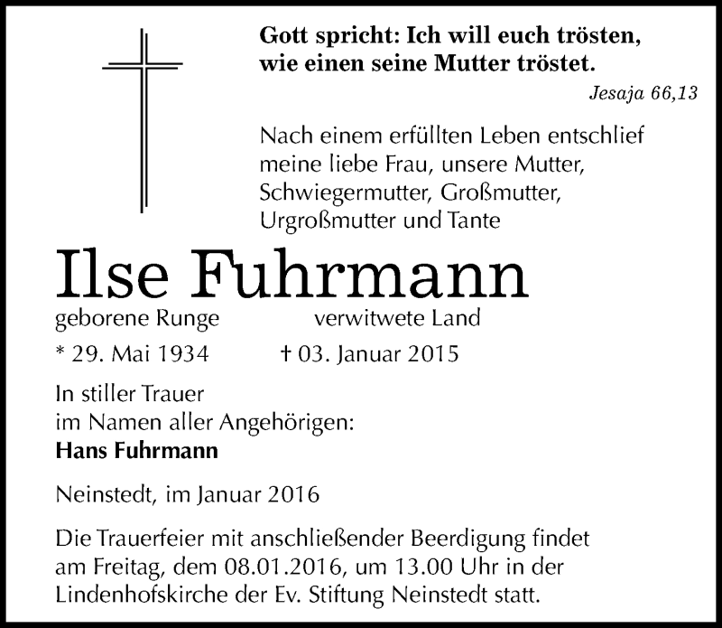  Traueranzeige für Ilse Fuhrmann vom 06.01.2016 aus Mitteldeutsche Zeitung Quedlinburg