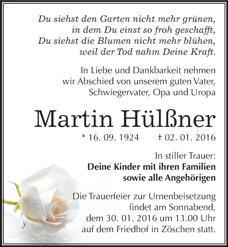  Traueranzeige für Martin Hülßner vom 16.01.2016 aus Mitteldeutsche Zeitung Merseburg/Querfurt
