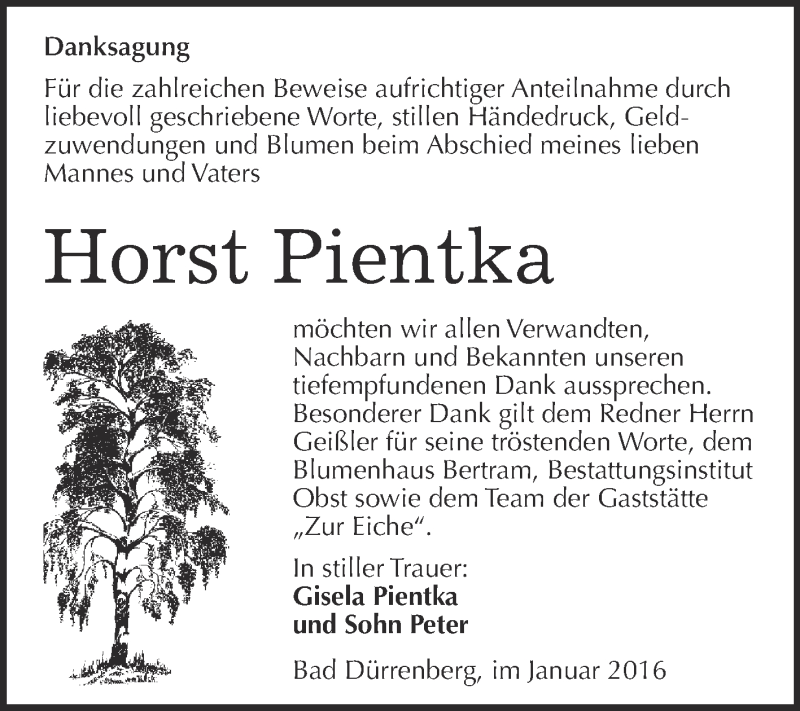  Traueranzeige für Horst Pientka vom 16.01.2016 aus Super Sonntag Merseburg