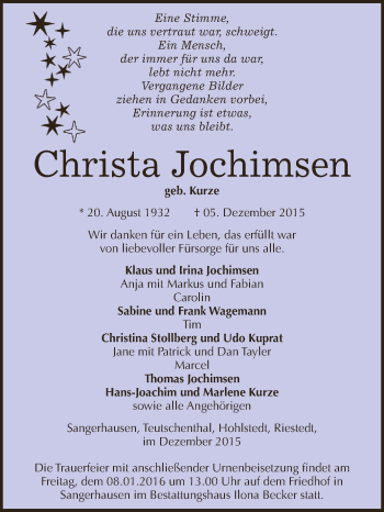 Traueranzeige von Christa Jochimsen von Super Sonntag SGH Mansf. Land