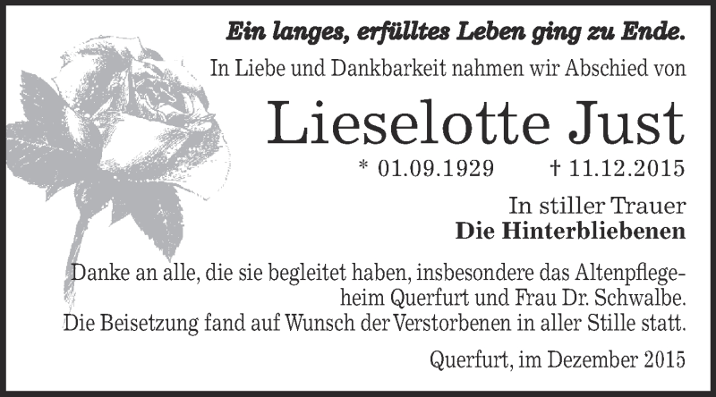  Traueranzeige für Lieselotte Just vom 09.01.2016 aus WVG - Wochenspiegel Merseburg