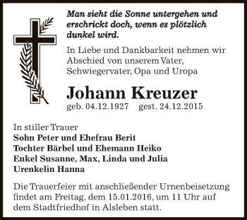 Traueranzeige von Johann Kreuzer von Super Sonntag Bernburg