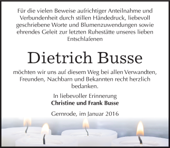 Traueranzeige von Dietrich Busse von Mitteldeutsche Zeitung Quedlinburg