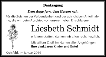 Traueranzeige von Liesbeth Schmidt von Mitteldeutsche Zeitung Mansfelder Land
