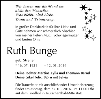 Traueranzeige von Ruth Bunge von Mitteldeutsche Zeitung Halle/Saalkreis