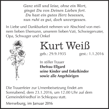 Traueranzeige von Kurt Weiß von Super Sonntag Merseburg