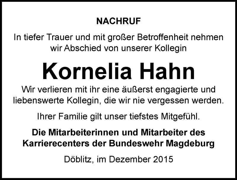  Traueranzeige für Kornelia Hahn vom 16.01.2016 aus Mitteldeutsche Zeitung Halle/Saalkreis