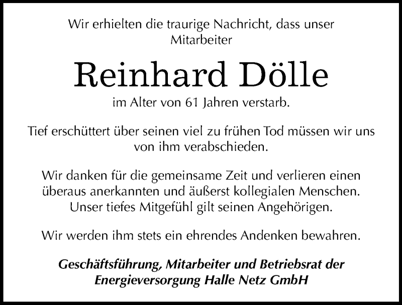  Traueranzeige für Reinhard Dölle vom 06.01.2016 aus Mitteldeutsche Zeitung Halle/Saalkreis