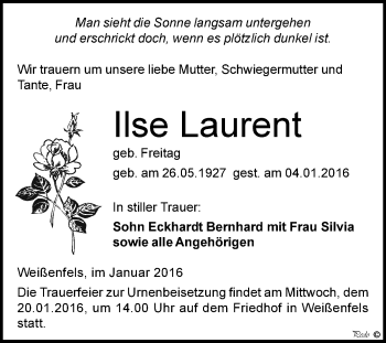 Traueranzeige von Ilse Laurent von WVG - Wochenspiegel NMB / WSF / ZTZ