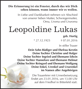 Traueranzeige von Leopoldine Lukas von Mitteldeutsche Zeitung Bitterfeld
