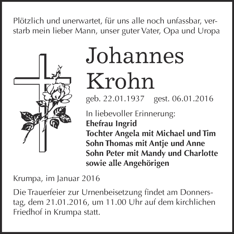  Traueranzeige für Johannes Krohn vom 13.01.2016 aus WVG - Wochenspiegel Merseburg