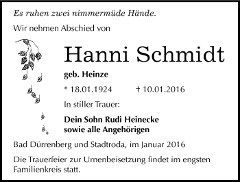 Traueranzeige von Hanni Schmidt von Mitteldeutsche Zeitung Merseburg/Querfurt