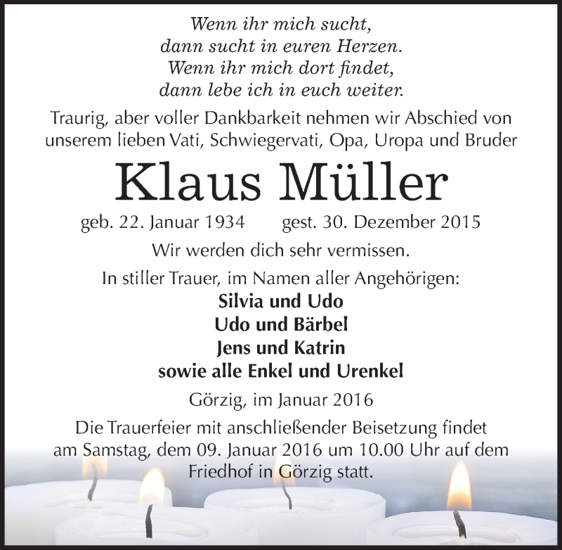  Traueranzeige für Klaus Müller vom 06.01.2016 aus Mitteldeutsche Zeitung Köthen