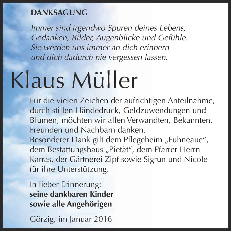  Traueranzeige für Klaus Müller vom 16.01.2016 aus WVG - Wochenspiegel Dessau / Köthen