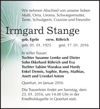 Traueranzeige von Irmgard Stange von Mitteldeutsche Zeitung Merseburg/Querfurt